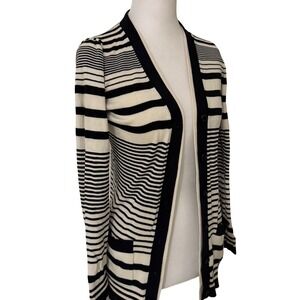 Milly NY Black/Cream Stripe Cardigan Button Front Pockets Silk Blend Sz P office